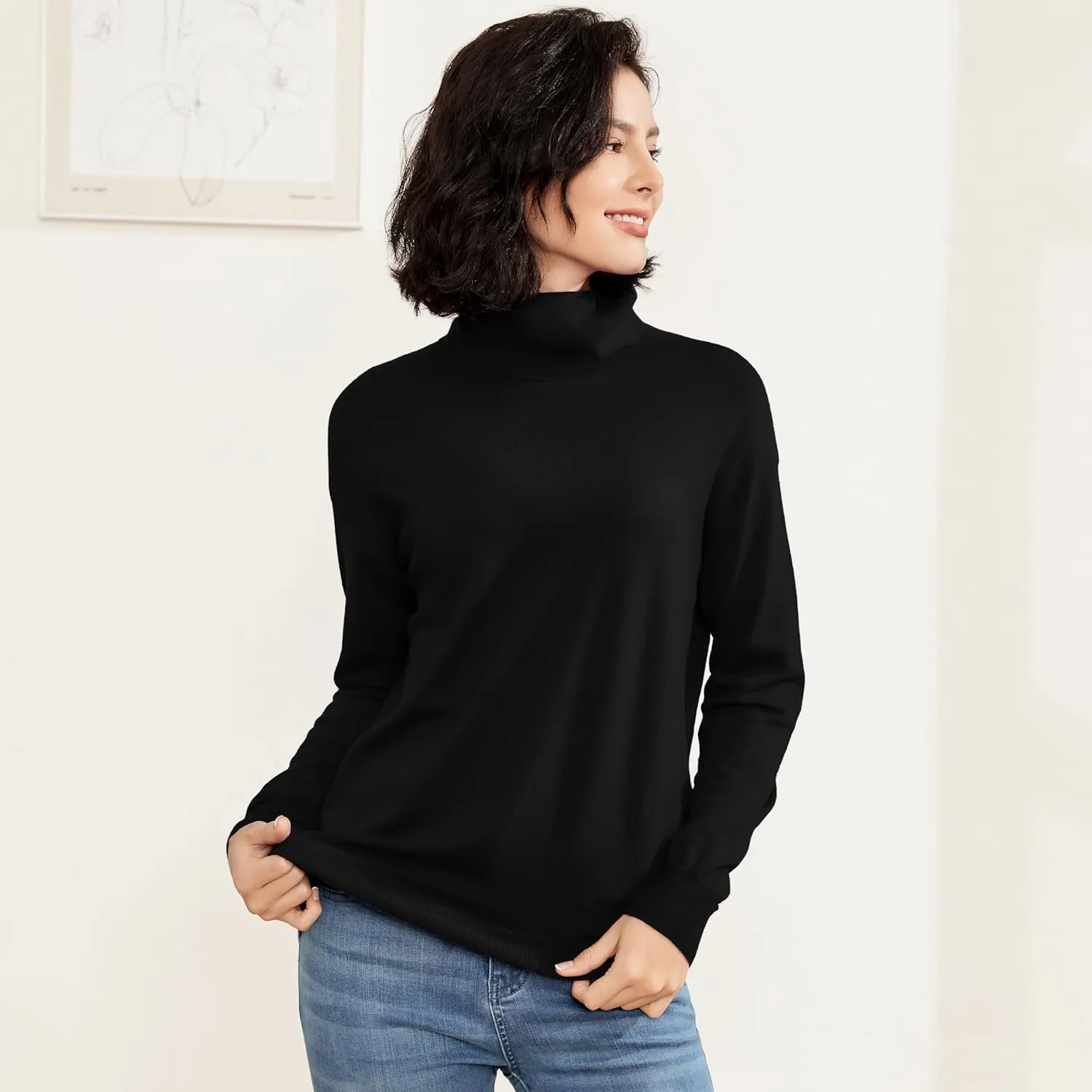 Women's Turtleneck Sweater Long Sleeve Lightweight Pullover Knit Tops