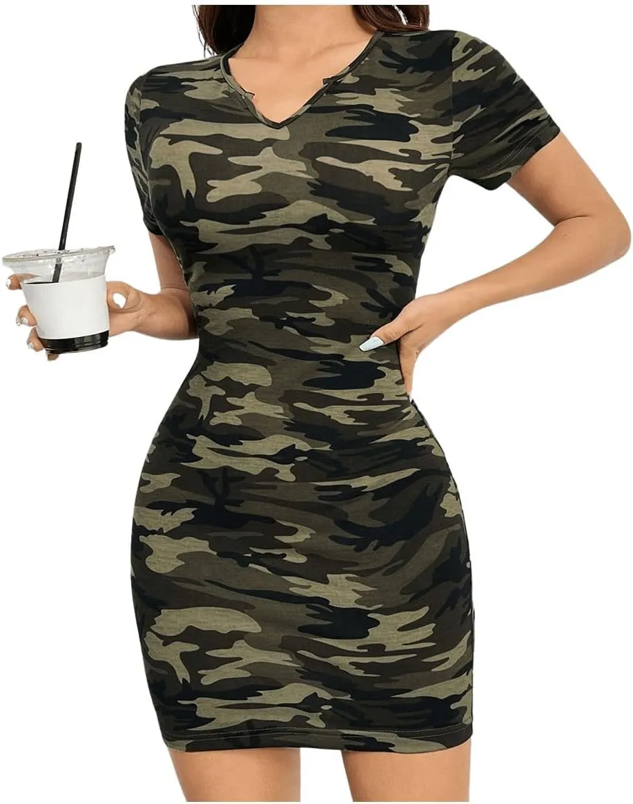 Women's V Neck Slim Fit Camouflage Dress Short Sleeve Bodycon Pencil Dress Casual T Shirt Dress