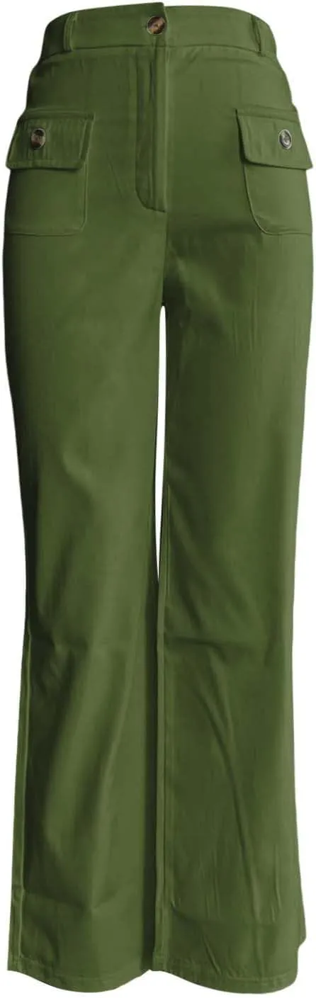 Womens Work Business Dressy Pants Trendy High-Waisted Wide-Leg Stretch Flowy Trouser Front Pockets Button Casual Pant