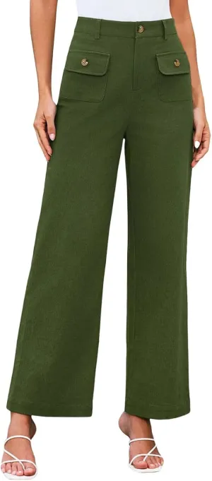 Womens Work Business Dressy Pants Trendy High-Waisted Wide-Leg Stretch Flowy Trouser Front Pockets Button Casual Pant