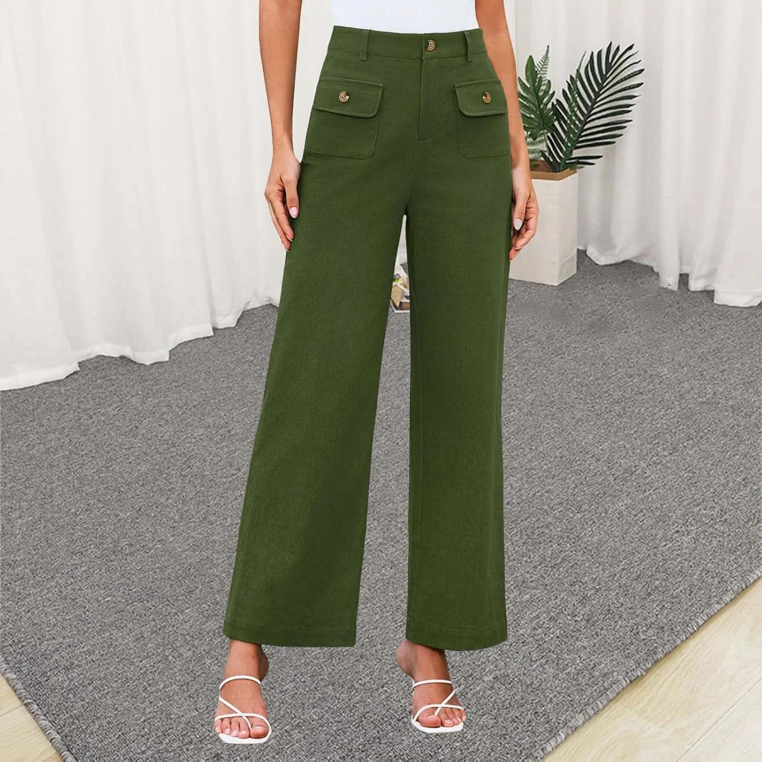Womens Work Business Dressy Pants Trendy High-Waisted Wide-Leg Stretch Flowy Trouser Front Pockets Button Casual Pant