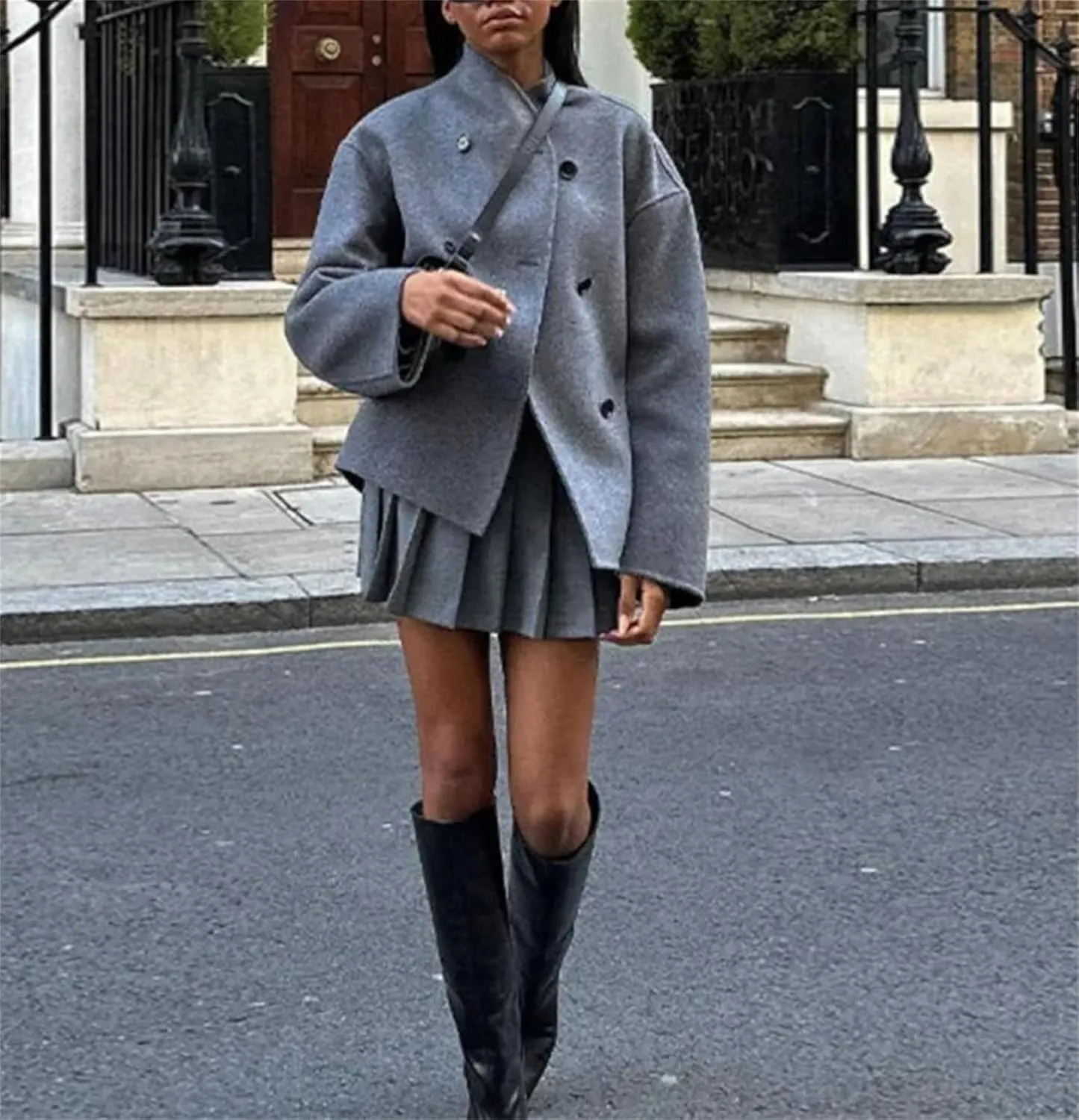 Wool Trench Coat Winter Women's Retro Trench Coat Loose Stand-Up Collar Double-Breasted Warm Wool Cardigan