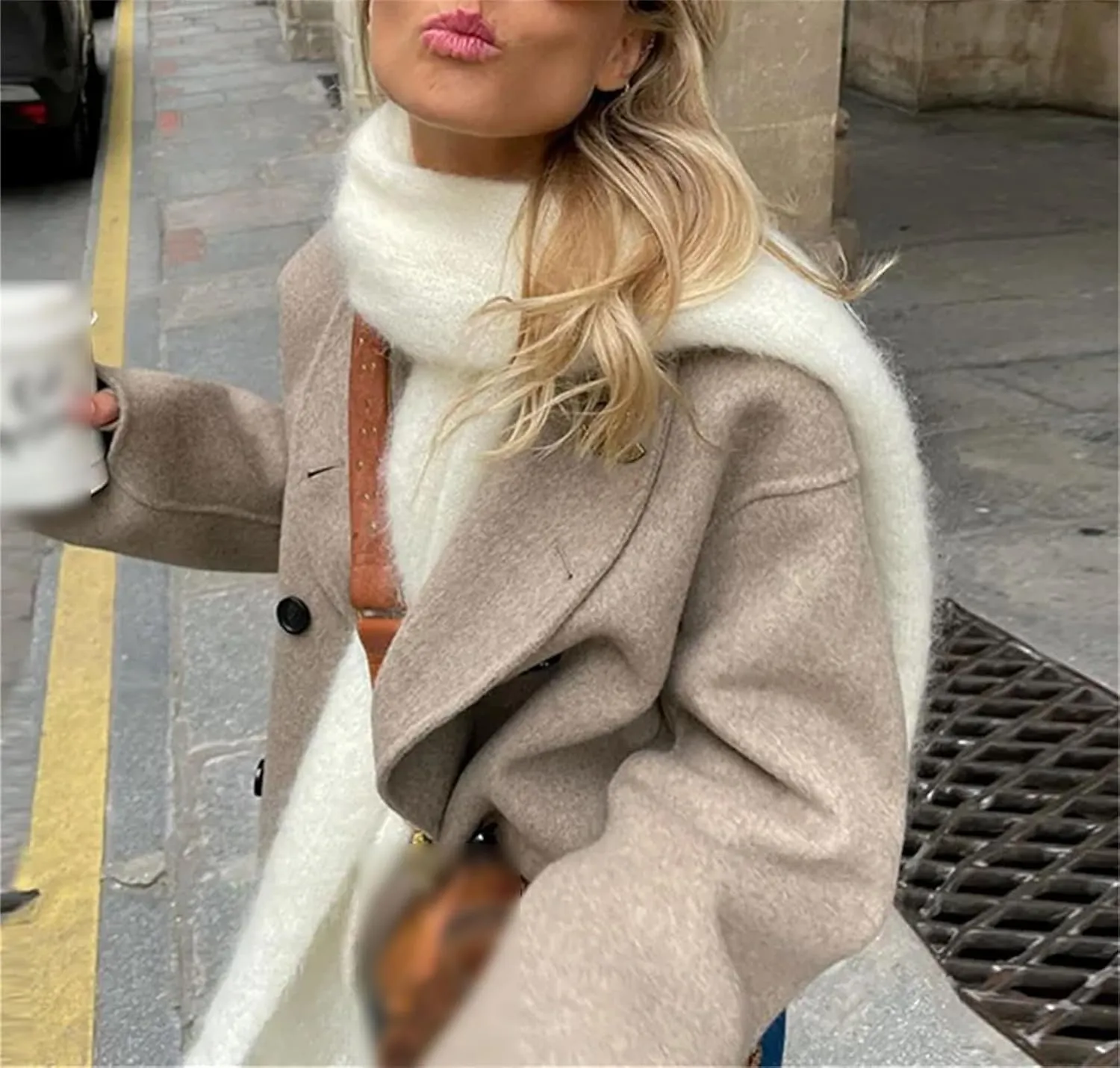 Wool Trench Coat Winter Women's Retro Trench Coat Loose Stand-Up Collar Double-Breasted Warm Wool Cardigan