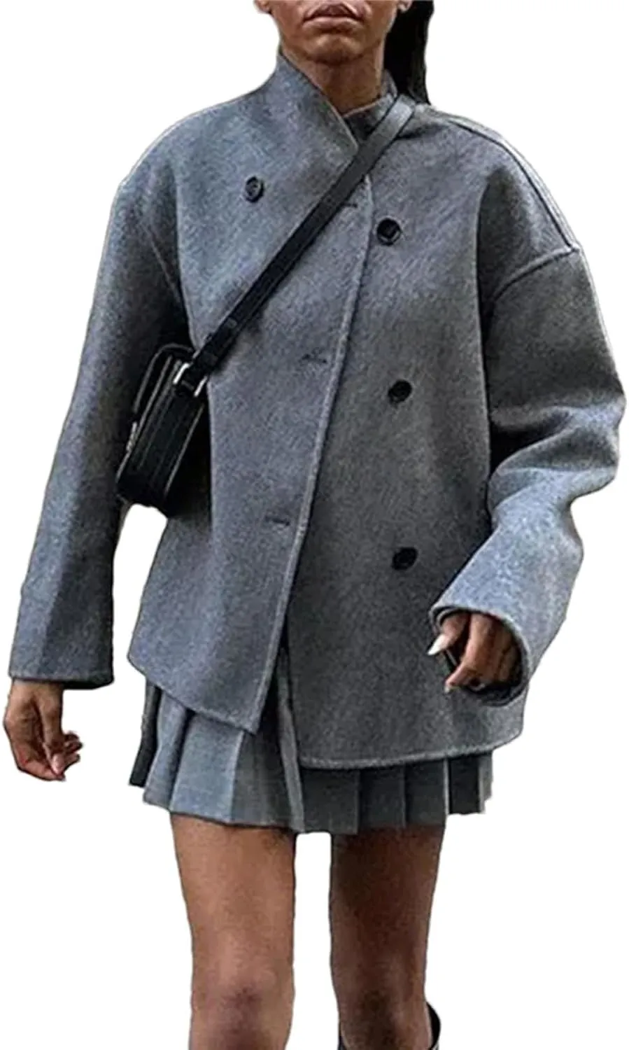 Wool Trench Coat Winter Women's Retro Trench Coat Loose Stand-Up Collar Double-Breasted Warm Wool Cardigan