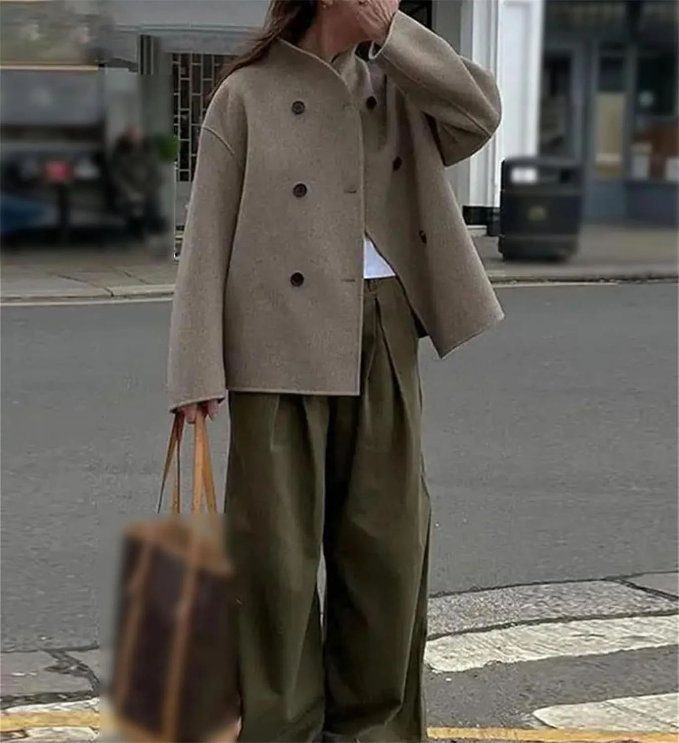 Wool Trench Coat Winter Women's Retro Trench Coat Loose Stand-Up Collar Double-Breasted Warm Wool Cardigan