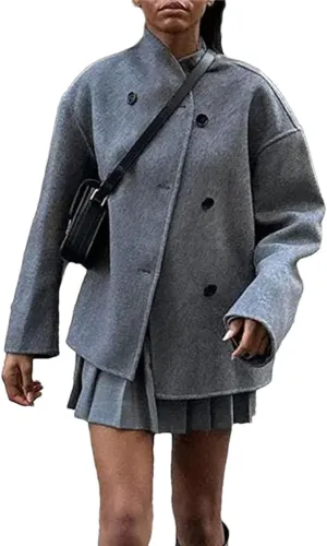 Wool Trench Coat Winter Women's Retro Trench Coat Loose Stand-Up Collar Double-Breasted Warm Wool Cardigan