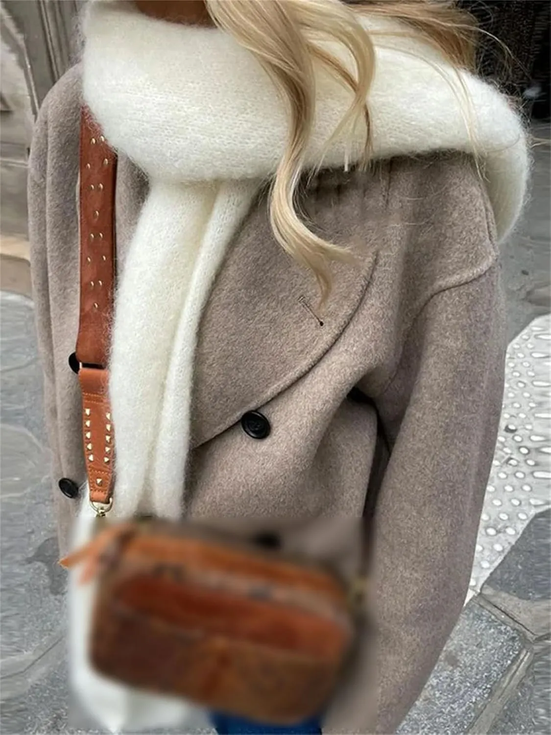 Wool Trench Coat Winter Women's Retro Trench Coat Loose Stand-Up Collar Double-Breasted Warm Wool Cardigan