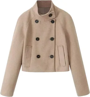 Wool Trench Coat Winter Women's Retro Trench Coat Loose Stand-Up Collar Double-Breasted Warm Wool Cardigan