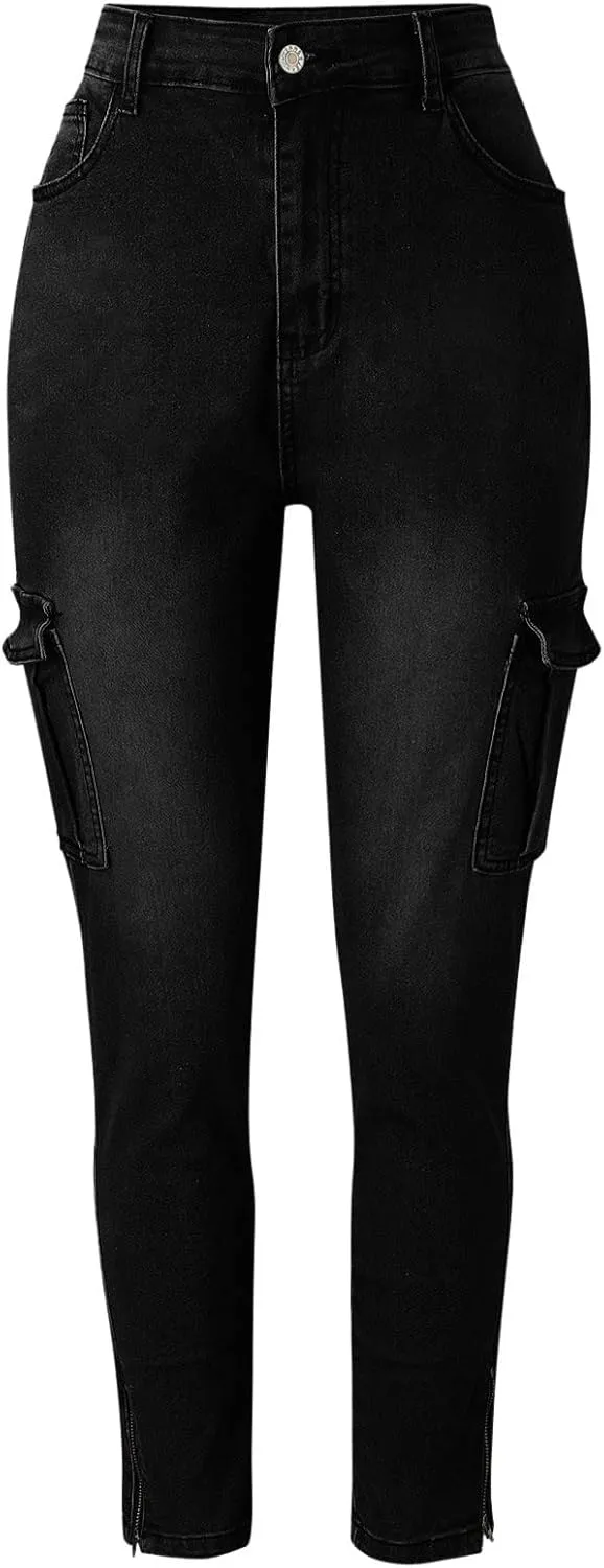 XIAOBU Sports Jeans Women's Solid Casual Tight Cargo Pants Multi-Pocket Zipper Mid Waist Skinny Denim Trousers