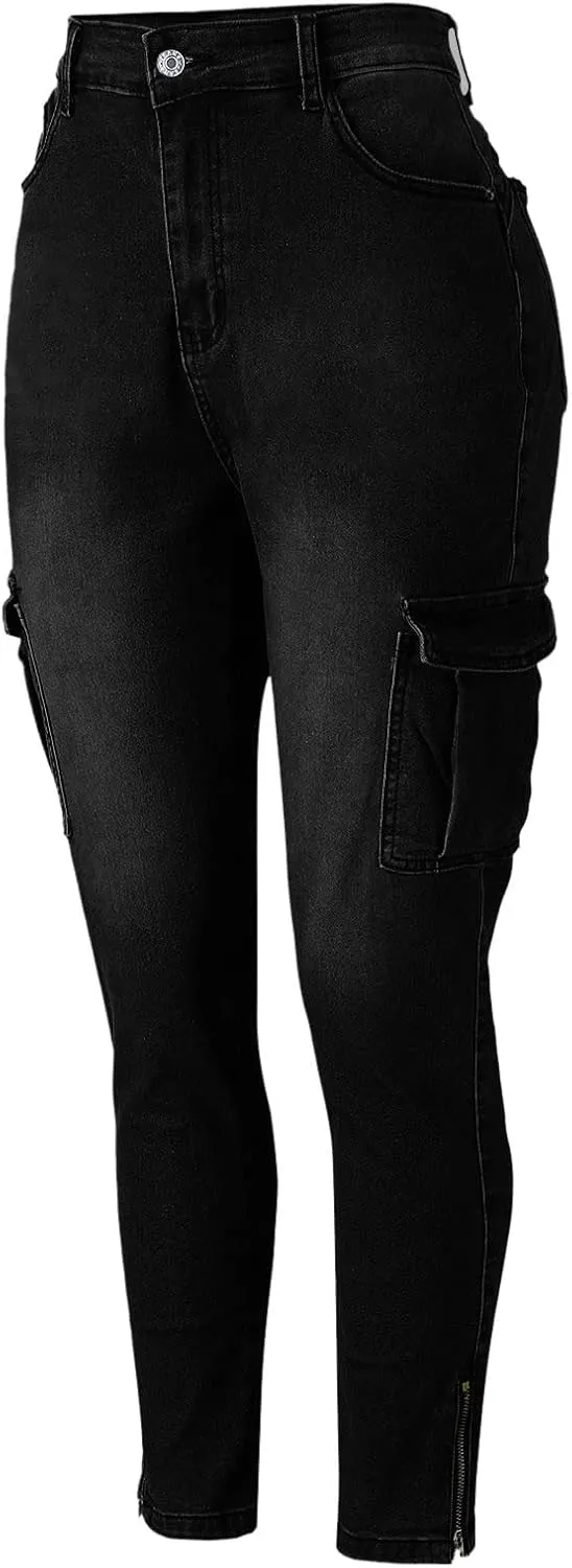 XIAOBU Sports Jeans Women's Solid Casual Tight Cargo Pants Multi-Pocket Zipper Mid Waist Skinny Denim Trousers