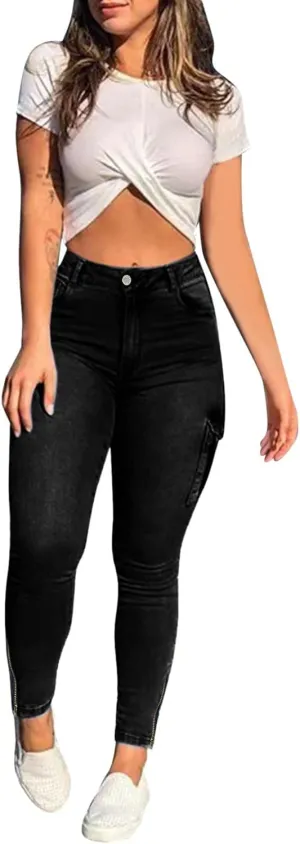 XIAOBU Sports Jeans Women's Solid Casual Tight Cargo Pants Multi-Pocket Zipper Mid Waist Skinny Denim Trousers
