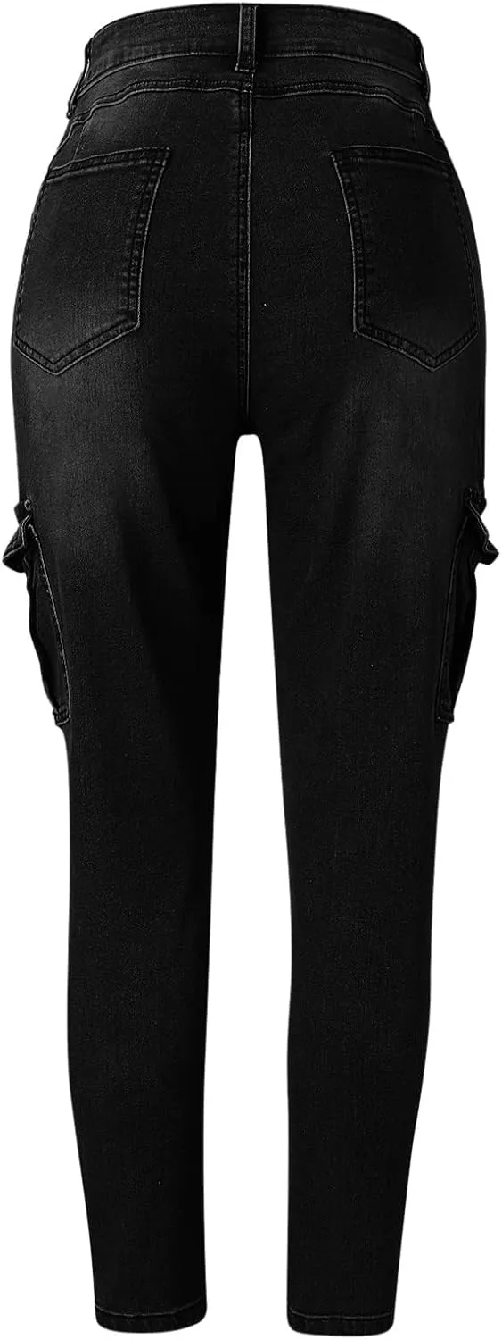 XIAOBU Sports Jeans Women's Solid Casual Tight Cargo Pants Multi-Pocket Zipper Mid Waist Skinny Denim Trousers