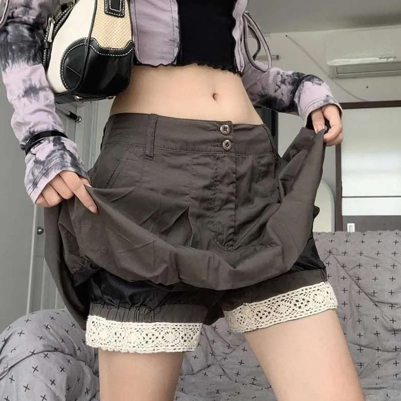 Y2K Cargo Skirt Coquette Mini Skirts for Women Preppy High Waisted A Line Pleated Skirt with Lace Skort Fairy Grunge