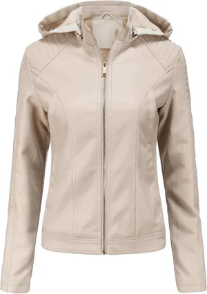 YMING Women's Faux Leather Jacket Removable Hood Front Zip Pockets Jacket Coat Motorcycle Plus Size Jacket With Pocket