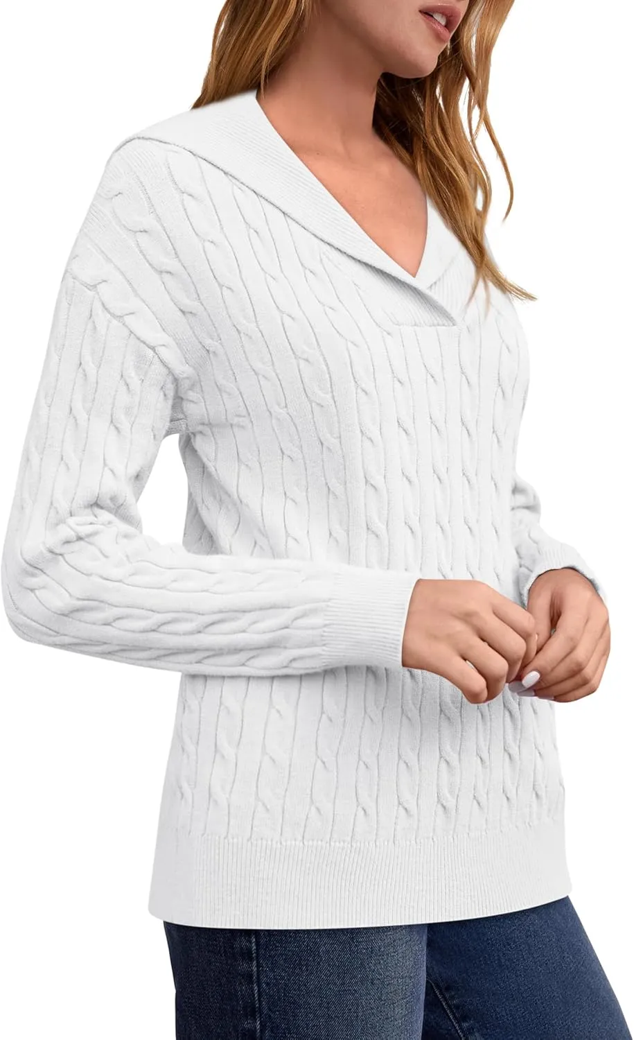 Yousify Womens Sweaters Trendy Casual Lapel Collared V Neck Tops Long Sleeve Polo Shirts 2024 Fall Cable Knit Sweater