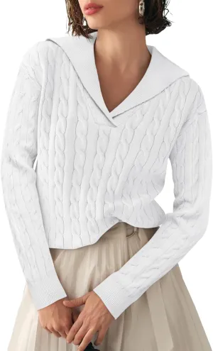 Yousify Womens Sweaters Trendy Casual Lapel Collared V Neck Tops Long Sleeve Polo Shirts 2024 Fall Cable Knit Sweater