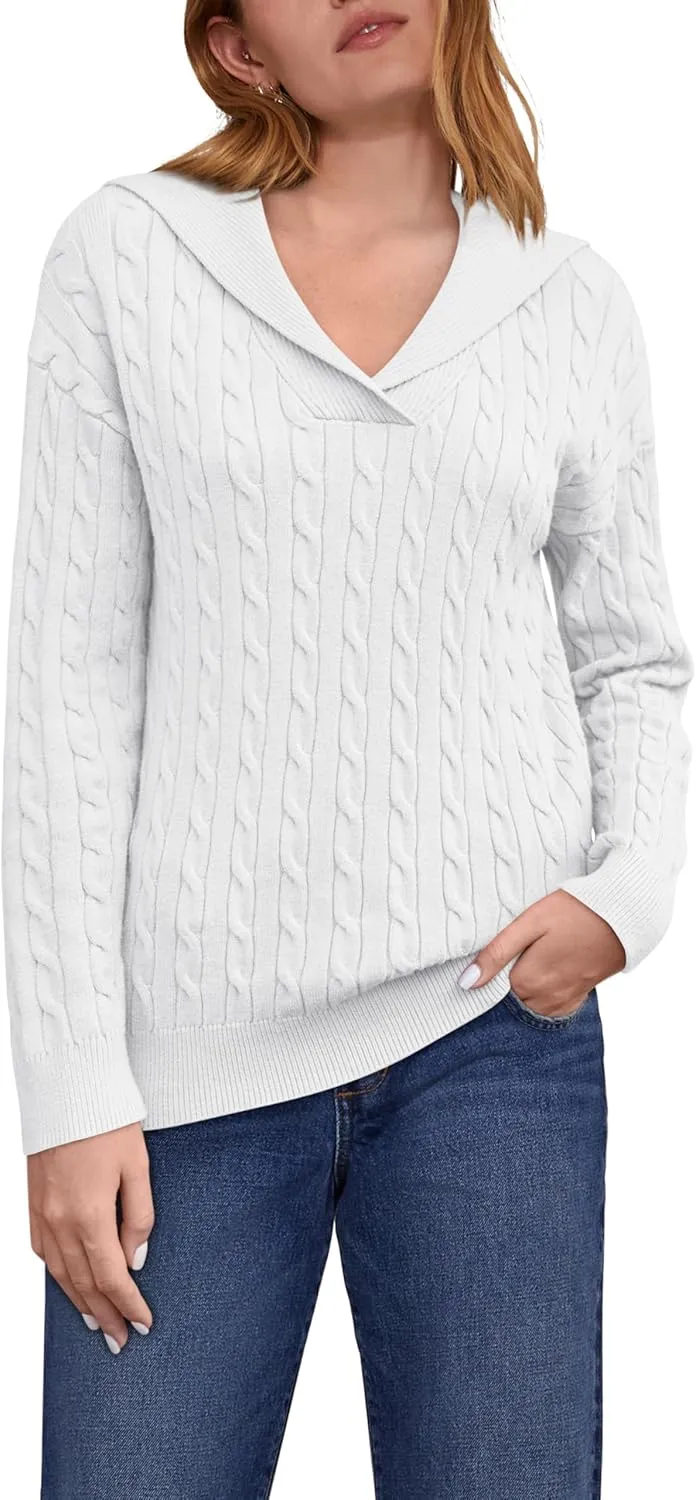 Yousify Womens Sweaters Trendy Casual Lapel Collared V Neck Tops Long Sleeve Polo Shirts 2024 Fall Cable Knit Sweater
