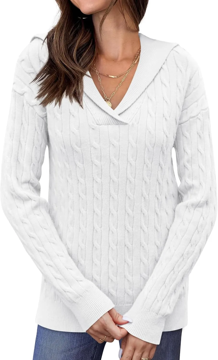 Yousify Womens Sweaters Trendy Casual Lapel Collared V Neck Tops Long Sleeve Polo Shirts 2024 Fall Cable Knit Sweater