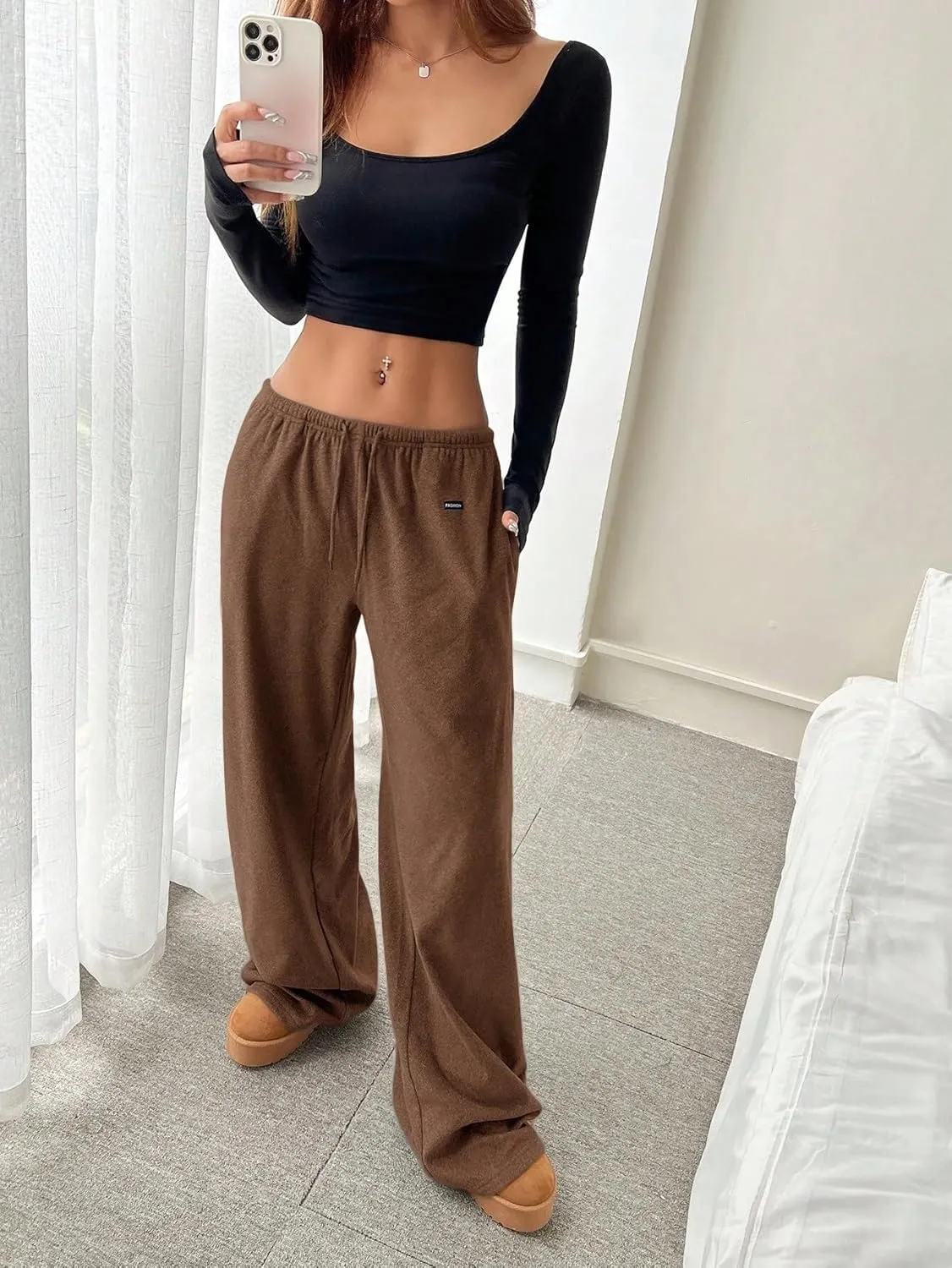 ZAFUL Wide Leg Sweatpants Women Y2k Low Waist Straight Baggy Pants Casual Drawstring Workout Toursers with Pockets
