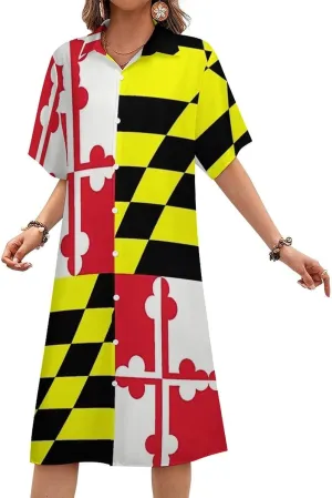 Zakqeik Maryland Flag Womens Button Down Shirt Dress Summer Short Sleeve Shift Dresses with Pockets
