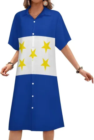 Zakqeik Women's Honduras Flag Shirt Dress Collar V-Neck Button Down Loose Short Sleeve Long Dresses
