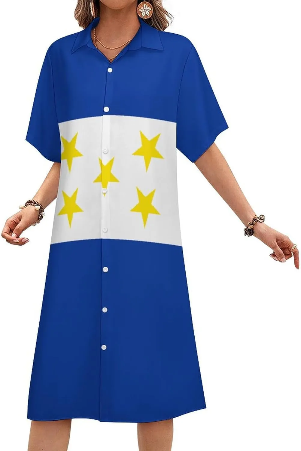 Zakqeik Women's Honduras Flag Shirt Dress Collar V-Neck Button Down Loose Short Sleeve Long Dresses