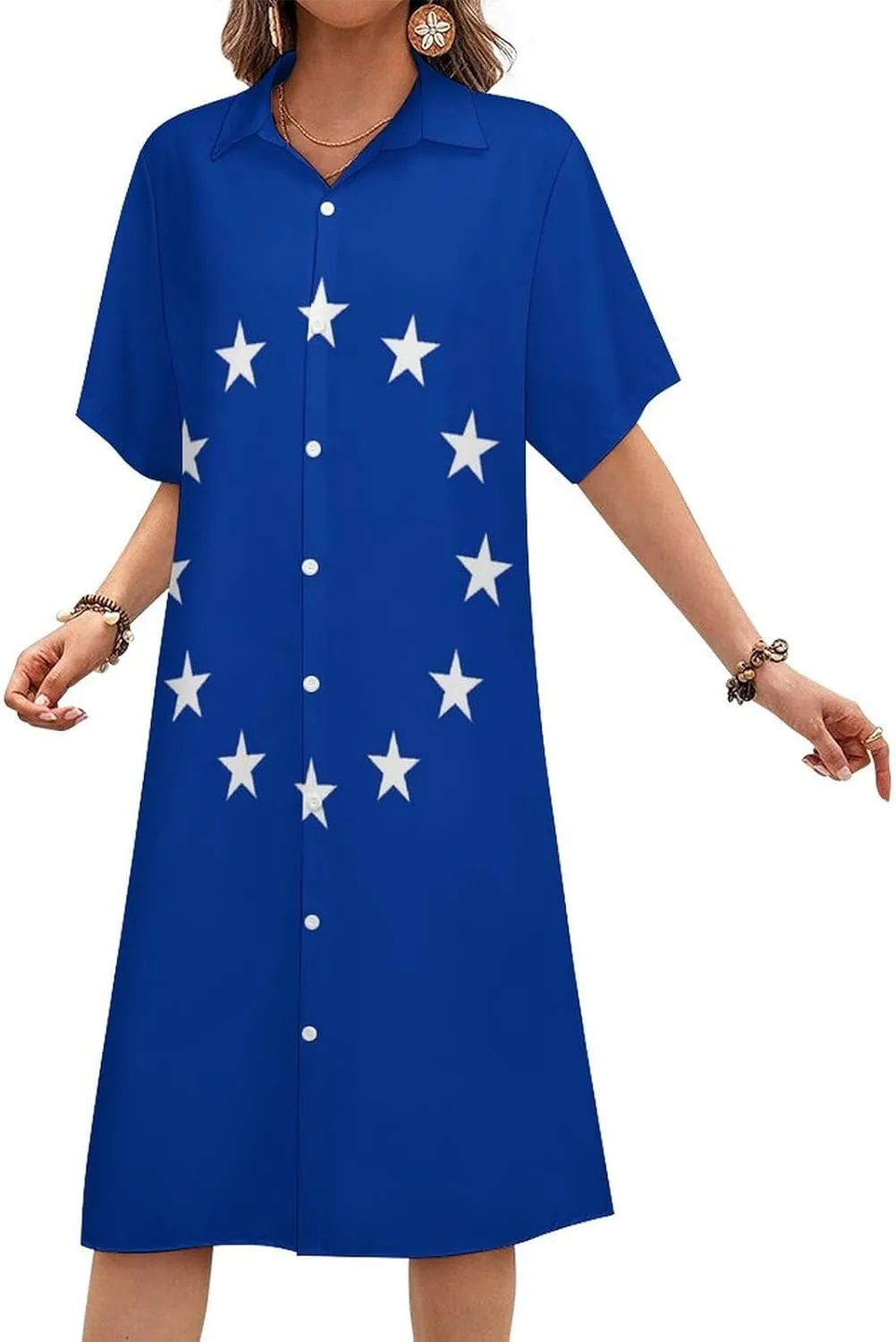 Zakqeik Women's Texas Flag Map Shirt Dress Collar V-Neck Button Down Short Sleeve Long Dresses