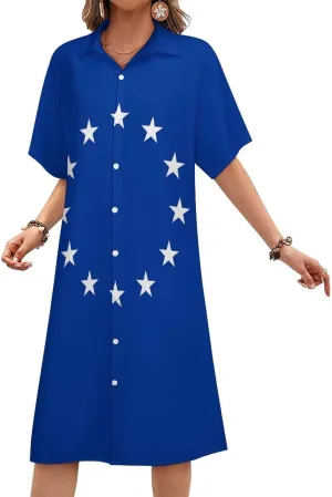 Zakqeik Women's Texas Flag Map Shirt Dress Collar V-Neck Button Down Short Sleeve Long Dresses