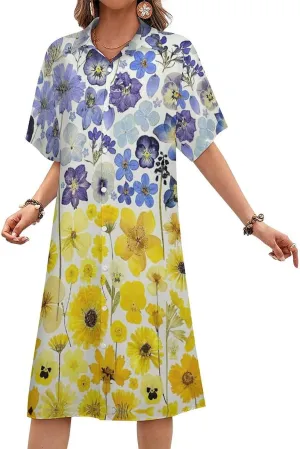 Zakqeik Women's Ukraine Flag Flower Shirt Dress Collar V-Neck Button Down Loose Long Dresses