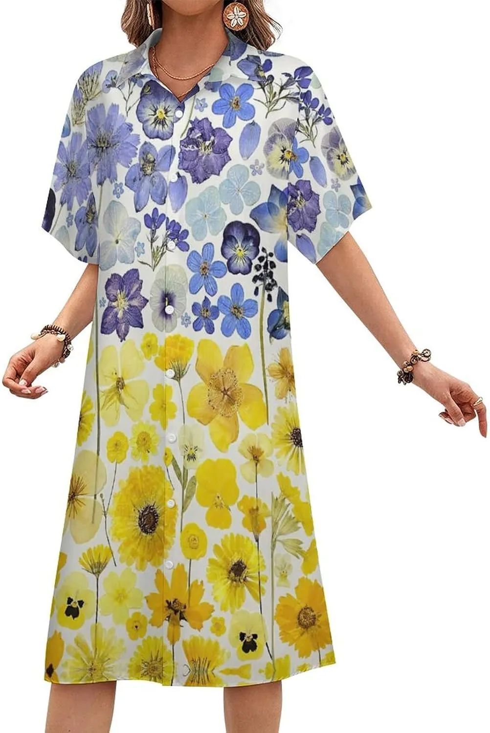 Zakqeik Women's Ukraine Flag Flower Shirt Dress Collar V-Neck Button Down Loose Long Dresses