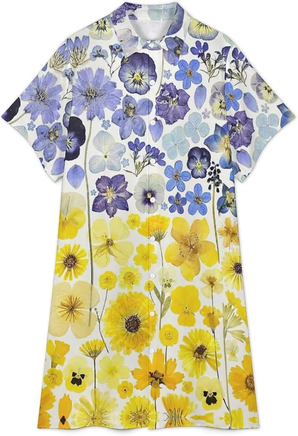 Zakqeik Women's Ukraine Flag Flower Shirt Dress Collar V-Neck Button Down Loose Long Dresses
