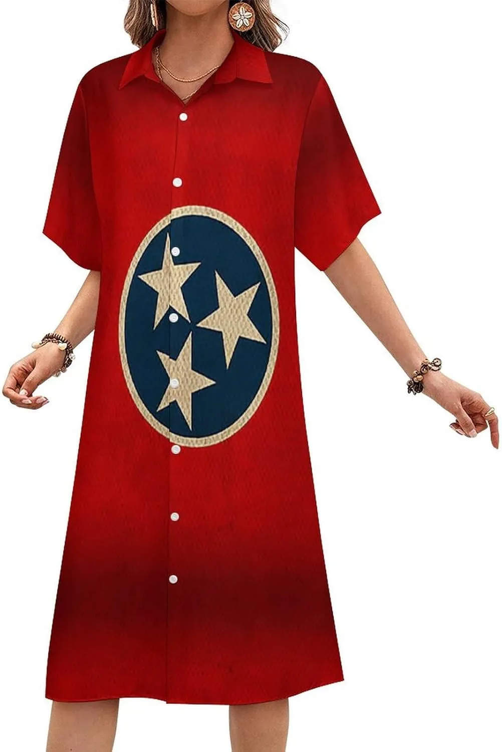 Zakqeik Women's Zimbabwe Flag Shirt Dress Collar V-Neck Button Down Loose Short Sleeve Long Dresses