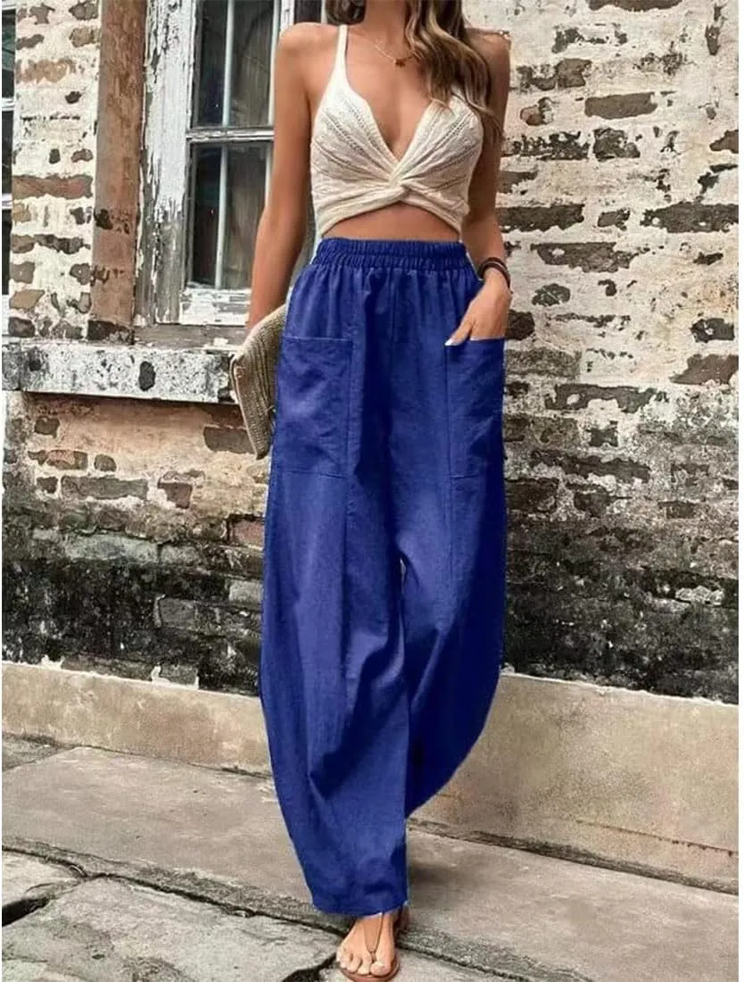 ZOCAVIA Women's Casual High Waist Pants Elastic Solid Color Loose Fit Straight Leg Summer Trousers with Pockets
