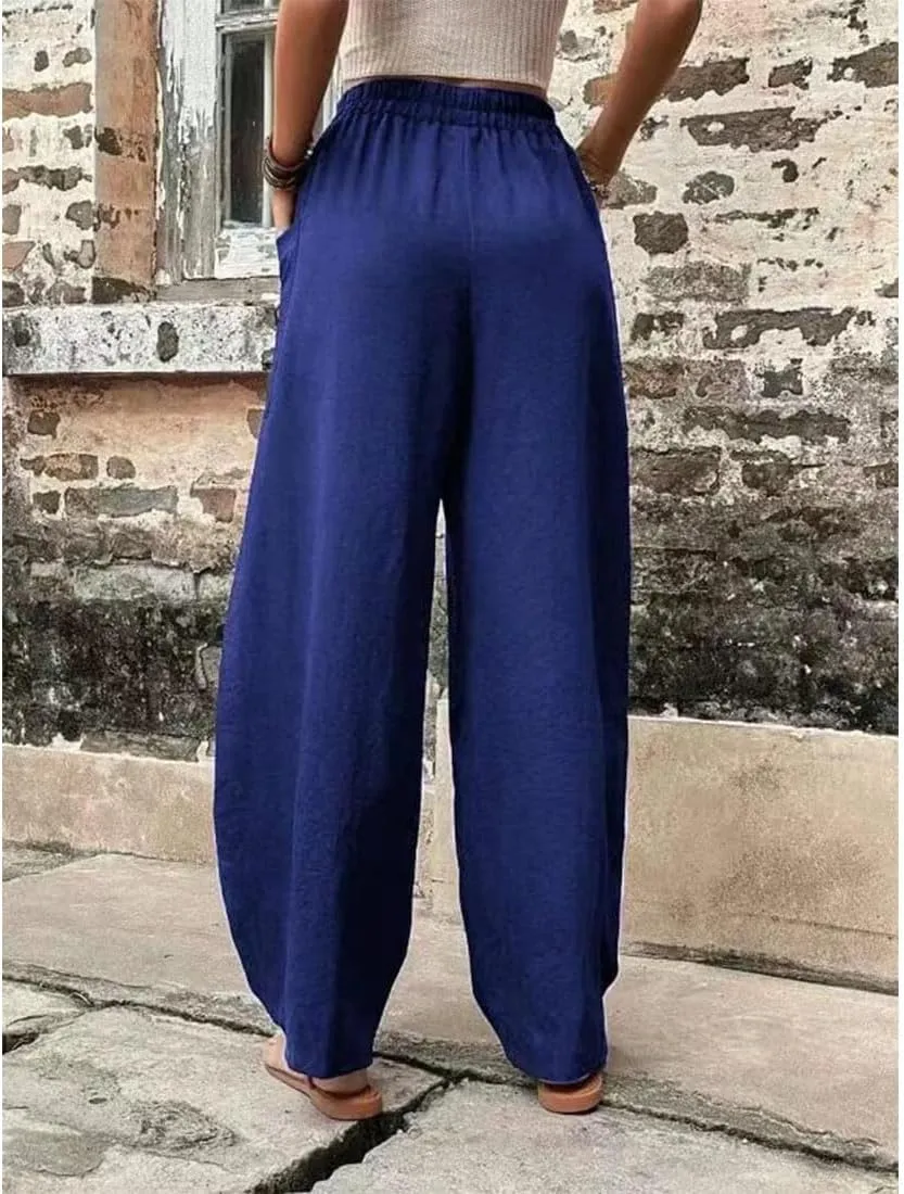 ZOCAVIA Women's Casual High Waist Pants Elastic Solid Color Loose Fit Straight Leg Summer Trousers with Pockets