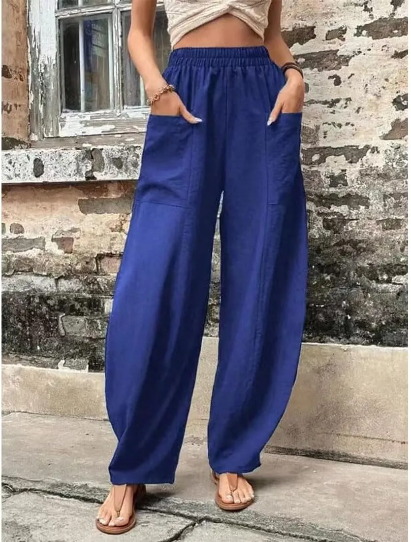 ZOCAVIA Women's Casual High Waist Pants Elastic Solid Color Loose Fit Straight Leg Summer Trousers with Pockets