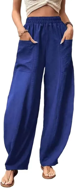ZOCAVIA Women's Casual High Waist Pants Elastic Solid Color Loose Fit Straight Leg Summer Trousers with Pockets